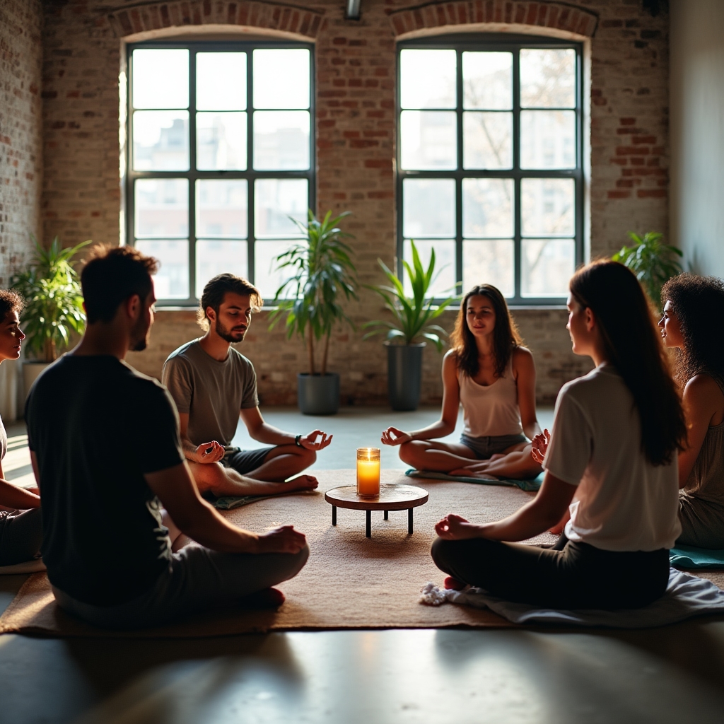 Grup de participanți la sesiune de mindfulness în mediu urban
